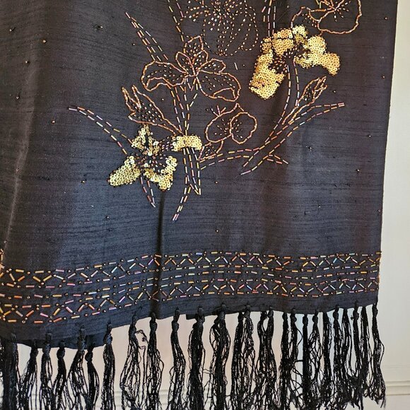 Long black silk skirt with beaded and sequins design and tassels. - Picture 3 of 3